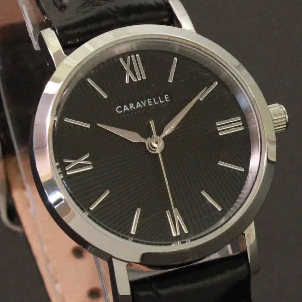 Caravelle Ladies Quartz Dress Watch By Bulova Black Textured Dial, Strap 28mm